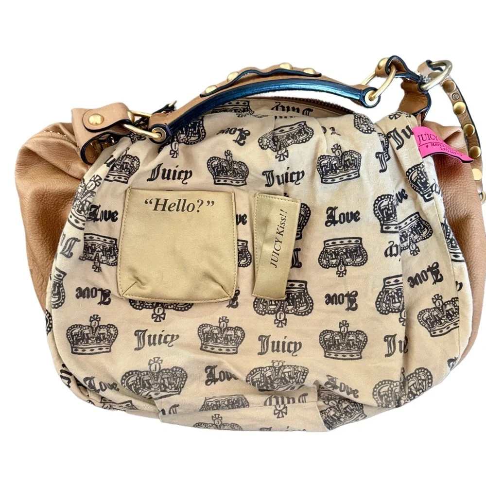 Vintage Y2K Juicy Couture Tan Cowhide Leather Hobo Bag Crown Stud Needs Rehab